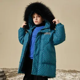 Piumino abbigliamento invernale per bambini Un elegante piumino termico con cappuccio per ragazzi Piumino d'anatra nero per bambini Collo in pelliccia naturale 231207