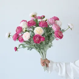 Buquê de flores artificiais de peônia, flor de lótus de três cabeças, decoração de mesa de café para sala de estar, flores artificiais de rosa