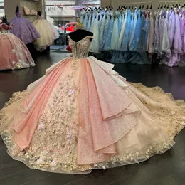 Шампанское Блестящие платья Quinceanera Бальное платье с открытыми плечами 3DЦветы Аппликация Кружевные бусы Sweet 16 Платье Знаменитости Вечерние платья Выпускной