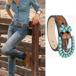 Cinture Turchese Country Strass resistenti Stile vintage Accessori per abiti da cowgirl Cintura con incisione floreale