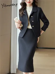 Tvådelt klänning Yitimuceng Solid Set S -outifits 2023 Slå ner kragen Single Breasted Blazers High Maisted Chic Midi kjoldräkter 231207