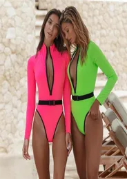 Seksowne sporty na zamek błyskawiczny One Piece Swimsuit z długim rękawem Neonowe stroje kąpielowe Kobiety Bodysuit Bodysuit High Cut Surf Suits Caking Strażnik Kąpiel Suit2929436590