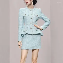 ワークドレスZawflエレガントな青いツイード女性セットシングルブレストフリンジジャケットハイウエストスカートスーツファッションセレブパーティーセット2023