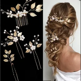 Headwear acessórios de cabelo pérola flor hairpin lado pente folha dourada em forma de liga tiaras casamento noiva inserção grampos de cabelo jóias noiva headwear 231208