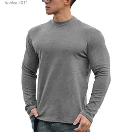 Herr t-shirts Gym Casual Tops Winter T-shirt för män långa slöjor termiska underkläder fast färg med tunn fleece undertröja män kläder l231208