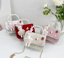 Borse da principessa con catena di perle per bambini borse per bambini in pizzo con applique a fragola borsa a tracolla singola per ragazze borse a tracolla in cartone animato Z5877