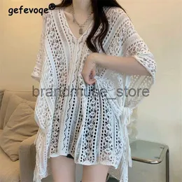 Mulheres malhas camisetas sexy oco crochê biquíni cobrir praia túnica topo feminino 2023 férias de verão oversized banho beachwear malhas mulheres blusa j231208