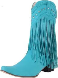 Boots Women Tassel Cowgirl Boots Shoes Fringe Middle Heels Western Boots Fashion Slip-on Wedge Pointed Toe Boots Female 231207