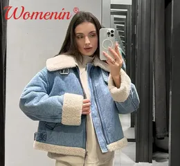 Kvinnorjackor Lapel Lamb denim Kvinnor beskuren jacka avslappnad förtjockar långärmad dragkedja hösten 2023 mode vintage fleece lady topp 231207