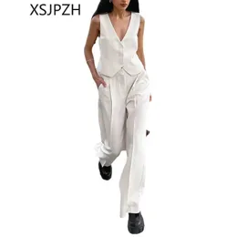 Damen Zweiteilige Hosen XSJPZH 2024 Sommer Streetwear Chic Büro Casual Passender Anzug Knöpfe Westen Weites Bein Co Ord Sets Vielseitig 231207