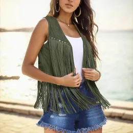 Women's Vests Sleeveless Jacket Vest Coat For Woman Fringe Autumn Faux Suede Open Front Vintage Waistcoat Female Chic Tops