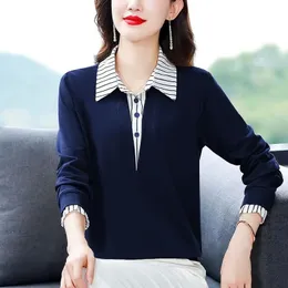 여성 S 스웨터 스프링 여름 티 셔츠 의류 긴 소매 느슨한 느슨한 차례 차단 줄무늬 버튼 패치 워크 우아한 패션 캐주얼 탑 231208
