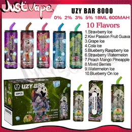 Original UZY Bar 8000 Puff Descartável E Cigarros Bobina de Malha 18ml Pod 600 mAh Bateria Eletrônico Cigs Puffs 8K 0% 2% 3% 5% 10 sabores Vape Pen