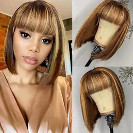 Silky Straight p4/27 Highlight Color Human Hair Bob Wig with Bangs Glueless Fringe Bob Wigs