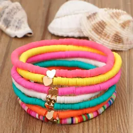 Strand BohoBliss Arcobaleno Braccialetti Heishi colorati Ciondoli a cuore dorato 4mm Argilla polimerica Braccialetti con perline elastiche della Boemia Gioielli da spiaggia