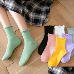 Socks Hosiery Women Ruffle Summer Lolita Spring Crew Style Color Cute Solid Frilly Japanese Princess Cotton Fashion Maiden Drop Delive Otnvh