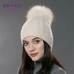 ENJOYFUR Cappello con pompon in pelliccia invernale per donna Cappello in cotone e lana cashmere Grande pompon in vera pelliccia di procione Berretti cap bobble281W