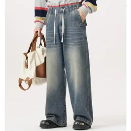Pantalon pour hommes, jean à cordon de serrage, ample, droit, drapé, jambes larges, style rétro américain