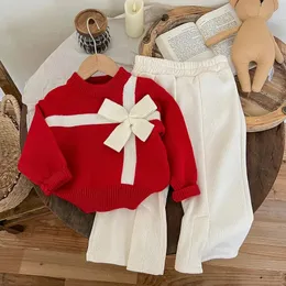 Clothing Sets Cute Girls Sweater Red Soft Warm Pullover Bow Gift Knitting Tops Elastic Waist Solid Pants 2Pcs Kids Christmas Clothes Suit 231207