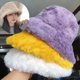 Wide Brim Hats Bucket in Winter Faux Fur Hat Womens Plush Thickened Outdoor Warm Casual Fashion Cute Soft Furry Panama Fisherman Caps 231208