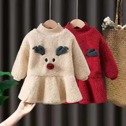 Пуловер, детское рождественское плюшевое платье, осень-зима 2023, женское корейское модное платье принцессы с милым рисунком, От 0 до 6 лет 231207