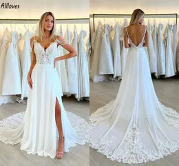 Abiti da sposa linea A in chiffon bianco fluido senza spalline elegante pizzo nappa perle strascico lungo abiti da sposa sexy spacco laterale backless sposa abiti da sposa CL3025