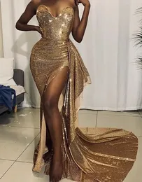 Evening Dresses Gold Prom Gown Party New Custom Plus Size Lace Up Zipper Sleeveless Mermaid Sequined Thigh-High Slits Sweetheart