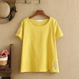 Damen-T-Shirt, Übergröße, kurzärmelig, O-Ausschnitt, natürlicher Baumwoll- und Leinenstoff, besticktes Blumendesign im chinesischen Stil für Fatlady im Sommer L231208