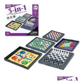 체스 게임 5 in 1 Chessmen Checkers Magnetic Board 게임 플라잉 클래식 비행 퍼즐 세트 친구 어린이를위한 교육 장난감 선물 선물 DHO9U