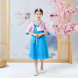 Abbigliamento etnico 2023 Hanbok Abito vintage coreano Spettacolo teatrale tradizionale ricamato con fiori nazionali per bambini