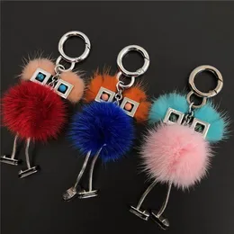 Genuine Real Fur Chick Monster Robot Doll Toy Charm Fur Pompom Ball Bag Charm Key Chain Keyring bag car phone Accessories273k