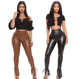 Women's Pants High Waist Leather Leggings For Women Tight Elastic Banding Flared Side Slit PU Trousers Femme Fitness Push Up