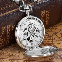 Pocket Watches OYW Brand Stainless Steel Men Fashion Casual Pocket Watch Skeleton dial Silver Hand Wind Mechanical Male Fob Chain Watches 231208