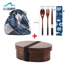 Caixas de almoço sacos de madeira lancheira piquenique japonês bento caixa para escola crianças louça conjunto com saco colher garfo pauzinhos redondo quadrado lancheira 231207