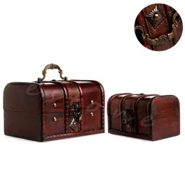 2PCS Chic drewniana piracka biżuteria do przechowywania pudełko skrzynki obudowy Vintage Treasure Chest118558