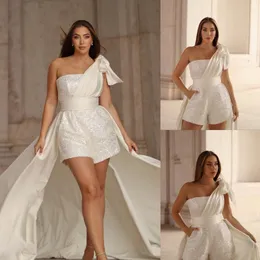 Tutina con paillettes Abiti da sposa con tasche Abiti da sposa Scollo monospalla Corto Vestido De Novia