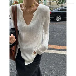 Women's Sweaters Deeptown Women Elegant V-neck Old Money Style White Knitwears Korean Fashion Long Sleeve Jumpers Sexy Black Casual Chic