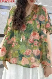 Women's T-Shirt 2023 Summer Women's New Printed V-neck Stitching Shirt Pure Ramie Floral Sweet And Age-reducing Mori TopL231208