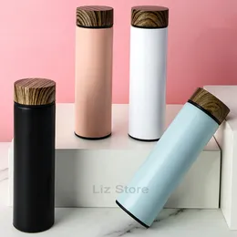 Stainless Steel Vacuum Water Bottle Wood Grain Lid Thermal Insulation Drinking Cups Portable 500ml Thermos Straight Tumbler