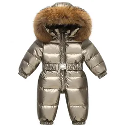 Rusya Kış Kids Snowsuit parlak altın gümüş açık ördek aşağı büyük kürk yakalı dış giyim bebek genel tulum 231207