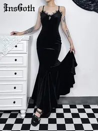 Abiti casual InsGoth Sirena gotica a coda di pesce Abito maxi Donna Scollo a V sexy Increspato Aderente Backless Midi Cocktail Matrimonio Ospite