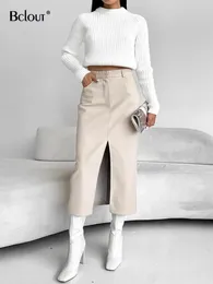 Kjolar bclout mode khaki läder långa kvinnor 2023 hösten svart kontor lady slit pu eleganta fickor sexig rak