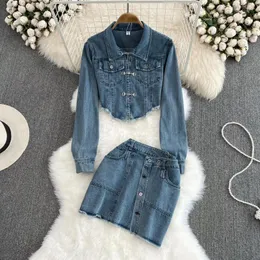 Vestidos de trabalho moda denim terno feminino menina manga comprida irregular borla fino-ajuste jaqueta casaco de cintura alta vestido de duas peças