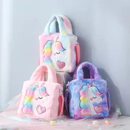 Borsette per bambini Ricamo Unicorno Peluche Borse a tracolla e borsette Bambine Borsa arcobaleno soffice Borsa a tracolla pelosa simpatico cartone animato 231208