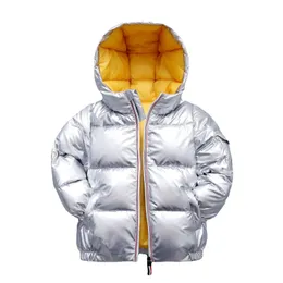 Down Ceket çocuklar kış ördek aşağı ceket çocuklar için kızlar gümüş altın parlak erkek kapşonlu bebek kıyafetleri dış giyim çocuklar parka snowsuit 231207