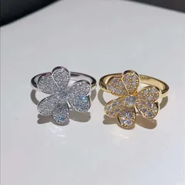 Van Clover Golden Trifolium förtjockad 18k guldpläterad ring med fullt diamantlycka med högt utseende värde modenätverk