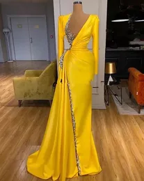 Vestidos de noite amarelo vestido de baile festa novo personalizado plus size rendas até zíper frisado lantejoulas uma linha o-pescoço manga longa cetim coxa-alta fendas