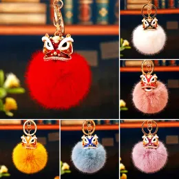 Rhinestone Dance Lion Key Chain Plush Ball Pendant Keyrings Cute Chinese Style Bag Accessories Car Key Holder Ornament Gifts
