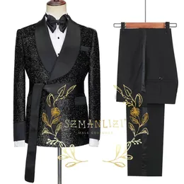 Men s Suits Blazers 2023 Tailor Made Shiny Black Groom Tuxedo Double Breasted Men Suit Prom Wedding Party Mens Costume jacket Pants Belt 231208