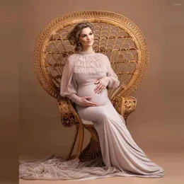 Sukienki swobodne Vintage High Scyk Ruffles syrenka Kobieta macierzyńska sukienka z pokazem elegancka iluzja puszysty rękawy ciąża szata plus size